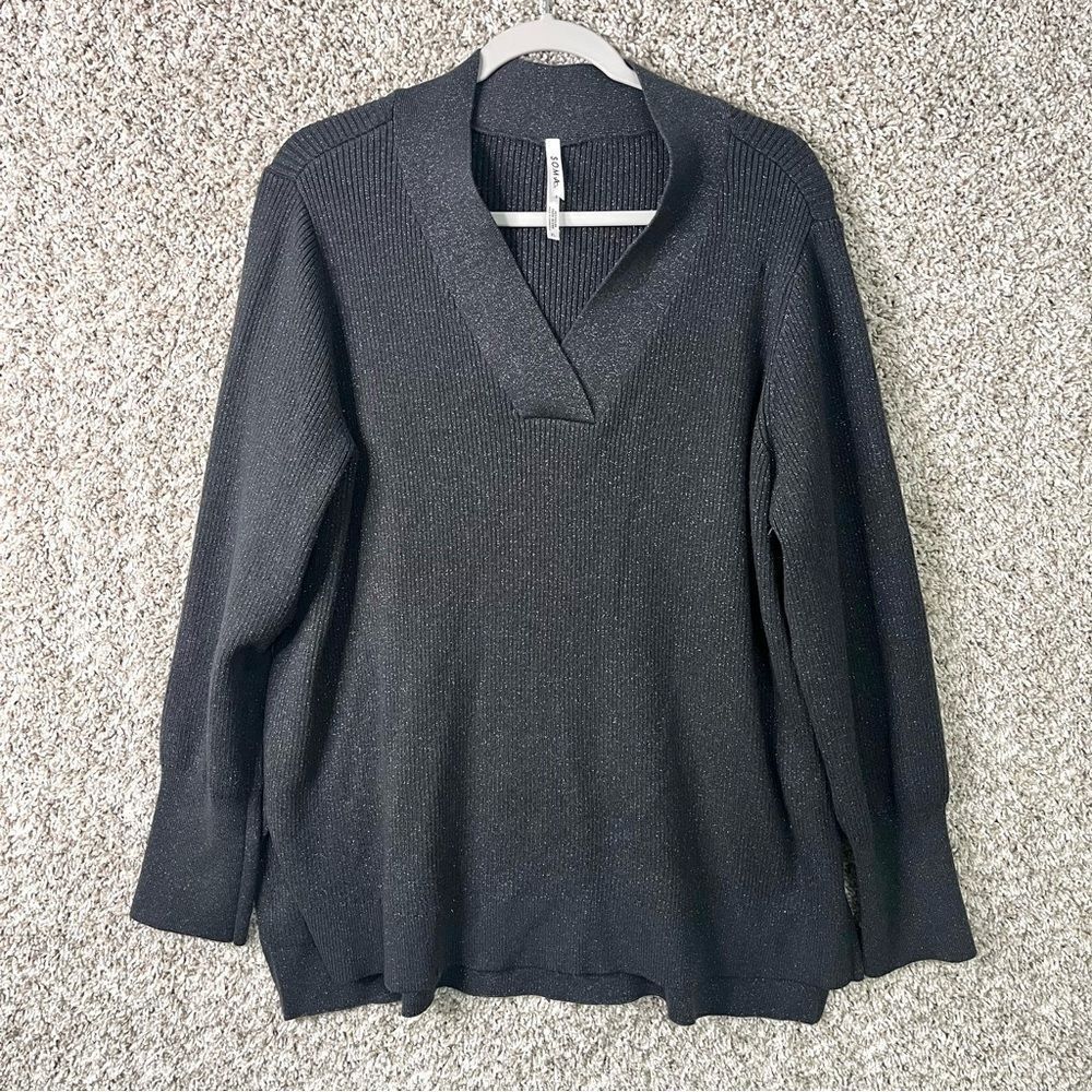 Soma Sweater Women’s XL Obsidian Gray Lurex V-Neck Long Sleeve Knit
